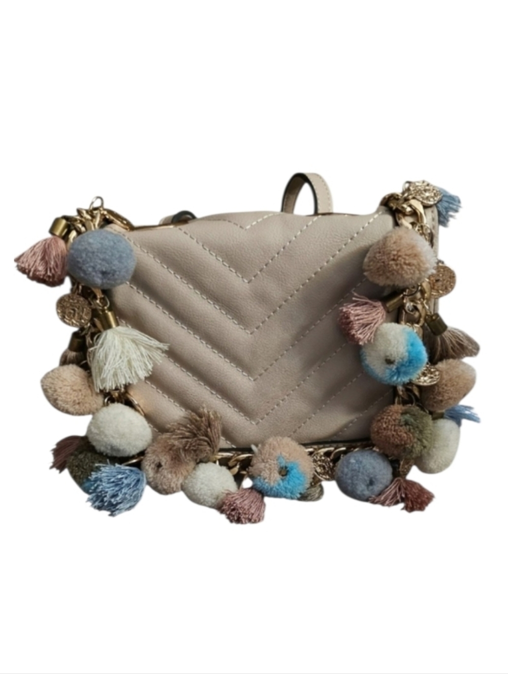 Festival Cream Chevron Crossbody Bag with Multicolor Pom Poms